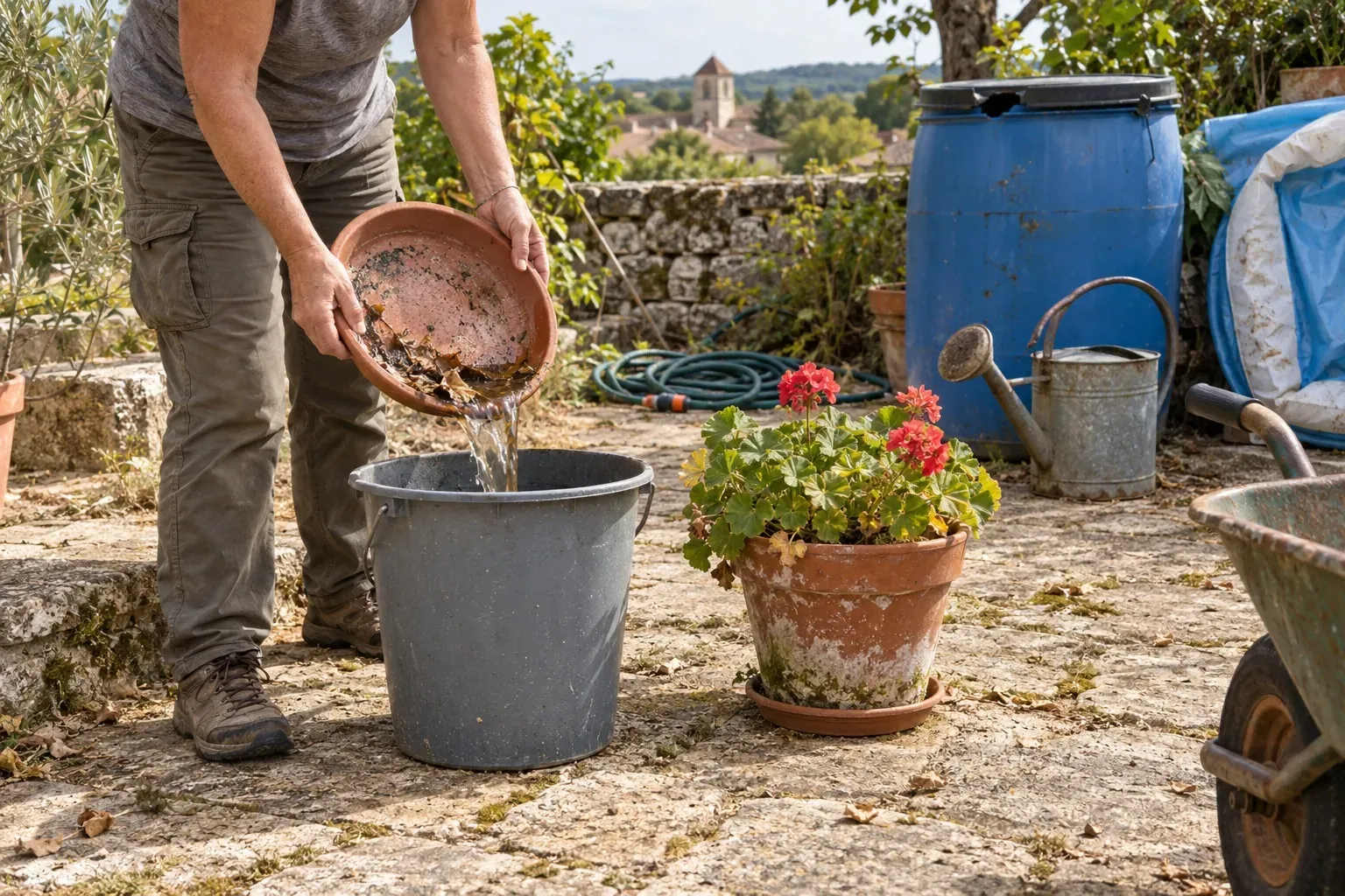 Un adulte, cadré aux mains, vide une coupelle d'eau stagnante sous un pot sur une terrasse en pierre